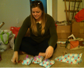 Megan sorting gifts.