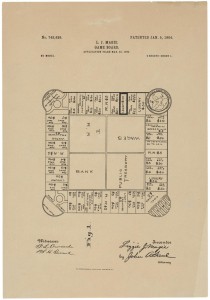 The original game board for The Landlord's Game, patented by Elizabeth J. Magie in 1904, via the National Archives.